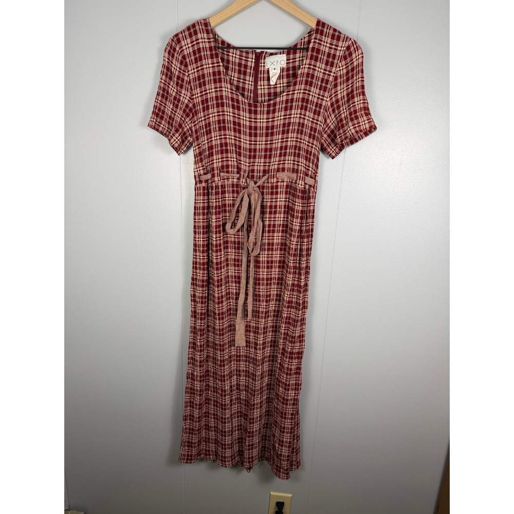 VINTAGE Expo Cottagecore Retro Maxi Dress Women 8 Red Plaid Short Sleeve 90s